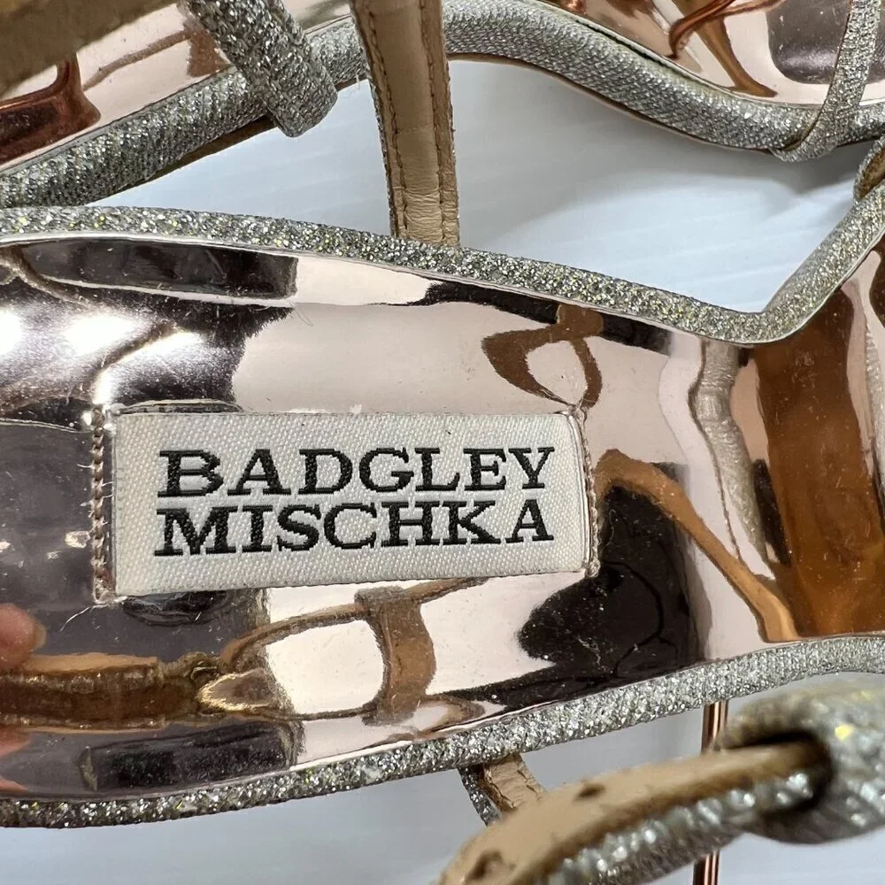 Badgley Mischka Ebiza Glitter Cross Strap Sandal Size 6 Silver Squared Open Toe